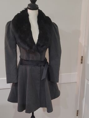 Osi Gopda Charcoal Gray Wool Blend Fit-and-Flare Coat with Faux Black Fur Collar